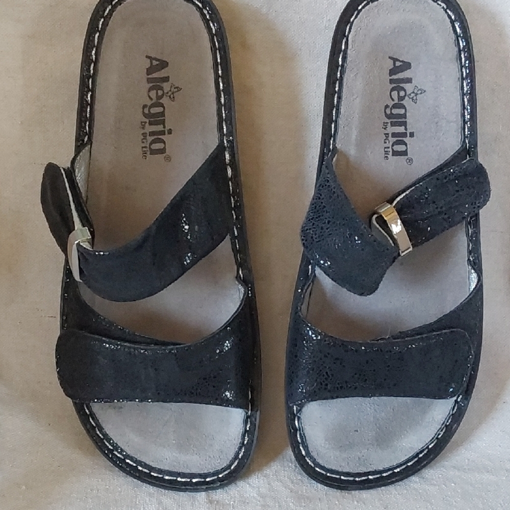 Alegria Black Two-Strap Slide Sandals with Buckle